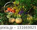 Vintage still life with pumpkins, flowers and decorations outside, thanksgiving day background, autumn calendar season concept Vintage still life with pumpkins, flowers and decorations outside, thanksgiving day background, autumn calendar season concept 131669825