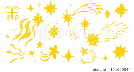 Star falling crayon chalk pencil hand drawn scribble sketch or doodle design element. Sparkle figure school scribble bg. Crayon twinkle blink, firework, glitter silhouette and glowing symbols 131669844