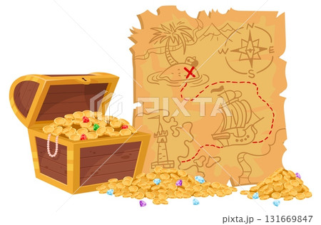 Chest with gold coins. Precious stones and pirate treasure map. Medieval box. Gemstones heap. Fabulous wealth. Ripped parchment. Old journey roadmap. Ancient cartography. Vector concept 131669847