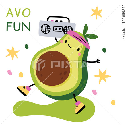 Cute happy avocado card. Cartoon character with boombox listening to music. Musical recorder. Green fruit with seed dancing. Kawaii kid mascot. Joyful vegetable. Vector avo fun banner 131669853