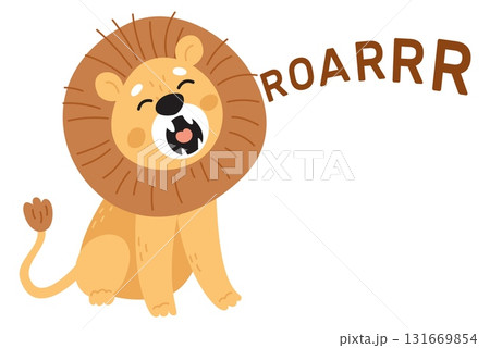 Cute lion roaring. Wild animal voice sound. Cartoon leo cub with word Roar. Feline mammal character. African safari cat onomatopoeia. Noise study. Growling savanna creature. Vector concept 131669854