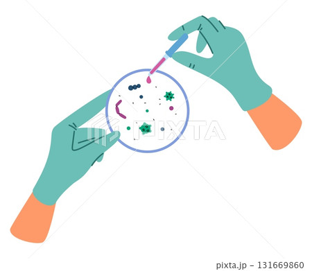 Hand of microbiologist wearing glove holds Petri glass dish and pipette. Laboratory science experiment. Microbe medical research. Microbiology analysis. Lab equipment. Vector concept 131669860