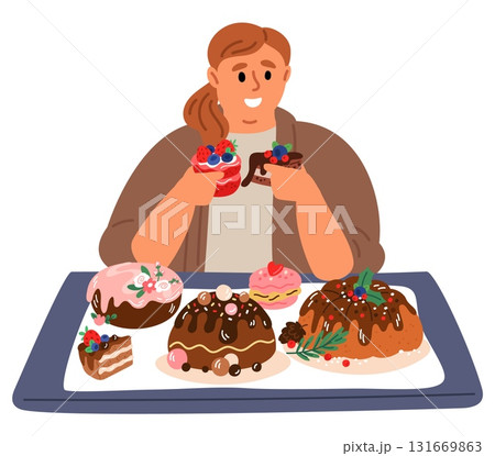 Happy woman sits at table and eats sweets. Delicious buns and cupcakes. Unhealthy lifestyle. Overweight hungry girl with dessert cakes and pies. Overeating disorder. Vector concept 131669863