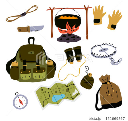 Hunter tools. Camping backpack. Travel map and compass. Rope and knife. Hunting trap. Huntsman adventure. Binoculars and flask bottle. Forest expedition. Vector isolated objects set 131669867