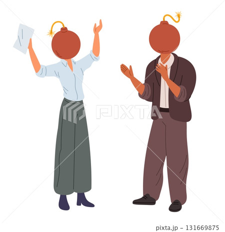 Office workers with bombs instead of heads that about to explode. Mental problems. Abuse quarrel. People with anxiety and stress. Furious conversation. Aggressive talk. Vector concept 131669875