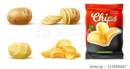Realistic mockup of chips packaging with fried potato crispy slices. Tubers peeled and cut into pieces. Whole starchy vegetable. Fastfood pouch package. Foil sachet. Vector 3D objects set Realistic mockup of chips packaging with fried potato crispy slices. Tubers peeled and cut into pieces. Whole starchy vegetable. Fastfood pouch package. Foil sachet. Vector 3D objects set 131669887