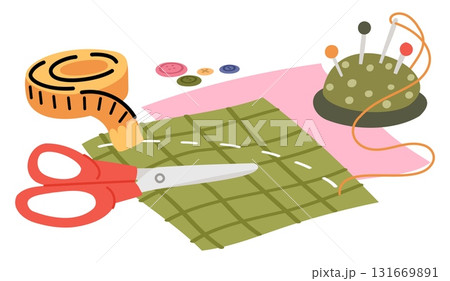Sewing tools and materials. Needles and pins with thread. Pieces of fabric. Scissors and measuring tape. Seamstress workshop. Handicraft hobby. Handmade clothes. Dressmaking vector set 131669891