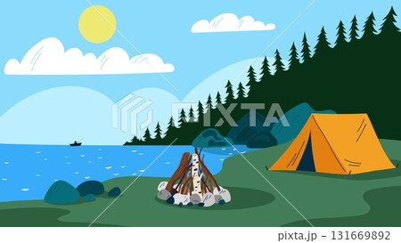 Tent on riverbank. Campfire at shore. Fishing in boat on lake. Relaxing in nature. Hiking adventure. Wild forest. Summer vacation. Tourist campground. Camping bonfire. Vector background 131669892