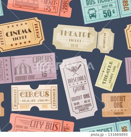 Tickets to theaters seamless pattern. Sports games or concert invitation cards. Bus pass. Circus and movies coupon. Repeated print. Retro voucher. Tournament access. Vector background Tickets to theaters seamless pattern. Sports games or concert invitation cards. Bus pass. Circus and movies coupon. Repeated print. Retro voucher. Tournament access. Vector background 131669893