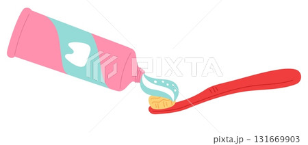 Tube of toothpaste squeezes some of paste onto your toothbrush. Teeth cleaning and preventing dental health. Applying toothpaste on brush. Mouth hygiene. Fresh breathing. Vector concept 131669903