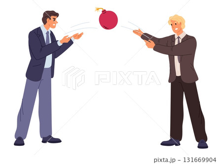 Two businessmen throwing burning bomb over each other. Risks and hazards exchange. Boom explosion. Boss tossing business problem to employee. Vector concept of shifting responsibility 131669904