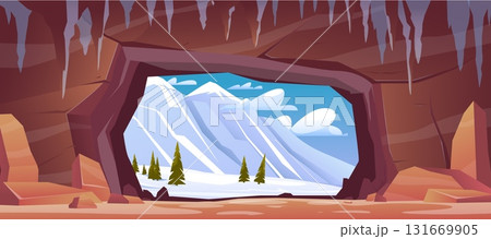 View from stone cave onto winter snow valley with pine trees and snowy covered mountains. Natural cavern entrance. Tunnel hole in rock. Grotto stonewall. Wild landscape. Vector background 131669905