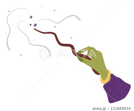 Witchs hand holds magic wand. Wizard conducting magical ritual or spell. Magician miracle. Fairytale sorcerer. Green arm gesture with fairy stick. Warlock trick. Vector witchcraft concept 131669910