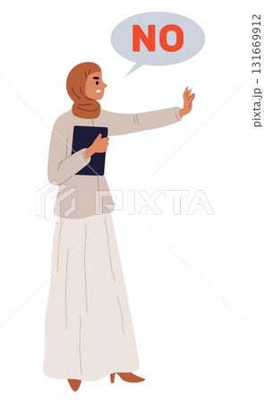 Woman in traditional Muslim dress says no. Arab girl showing prohibition gesture. Disapprove and reject. Negative reaction. Denial signal. Saudi female in hijab. Vector concept of refusal 131669912