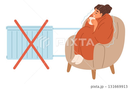 Woman shivering. Cold in room. Heating is not working. Low home room temperature. Girl feeling discomfort and covering in blanket. Winter coldness. Female on armchair. Vector concept 131669913