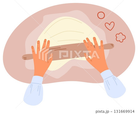 Women roll out dough with wooden rolling pin. Girl prepares pastry from dough. Baker cooking food. Chef making sweet cookies. Cake preparation top view. Homemade biscuit. Vector concept Women roll out dough with wooden rolling pin. Girl prepares pastry from dough. Baker cooking food. Chef making sweet cookies. Cake preparation top view. Homemade biscuit. Vector concept 131669914
