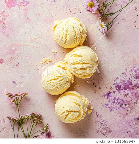 Scoops of ice cream on colorful background 131669947