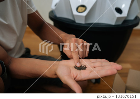 Close-up view of gardener touching small hydroponic seeds in n open hand, preparing to plant in hydroponic tower system with rockwool, showcasing modern and sustainable agriculture. 131670151