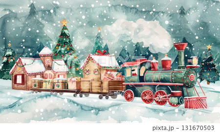 Festive watercolor illustration of a vintage train delivering gifts in a snowy village scene Festive watercolor illustration of a vintage train delivering gifts in a snowy village scene 131670503