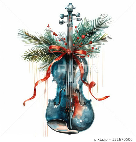 Beautiful watercolor illustration of a violin adorned with festive greenery and red ribbons Beautiful watercolor illustration of a violin adorned with festive greenery and red ribbons 131670506