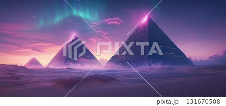 Majestic pyramids illuminated by auroras in a surreal desert landscape at twilight 131670508