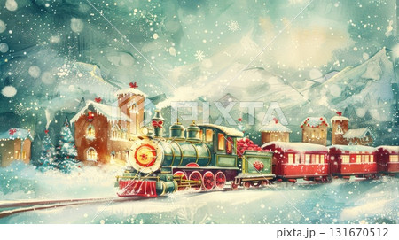 Vintage steam locomotive traveling through a snowy landscape with festive decorations and buildings Vintage steam locomotive traveling through a snowy landscape with festive decorations and buildings 131670512
