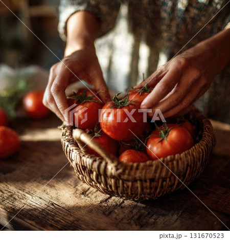 Hands of a woman picking fresh red tomatoes from a woven basket in a rustic kitchen setting 131670523