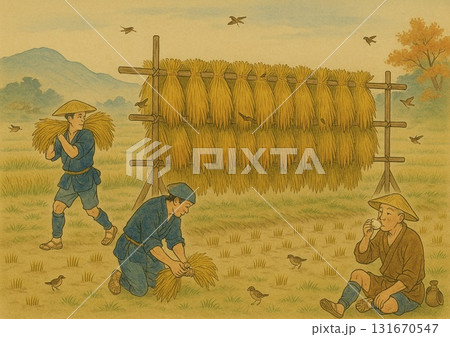 稲刈り作業をする農民達 稲刈り作業をする農民達 131670547