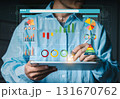 Businessman analyzing a large virtual business data dashboard and complex charts on a tablet. Concept of data analysis and business intelligence. 131670762