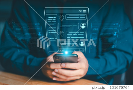 Hands holding a smartphone with a futuristic Gen AI or Chatbot interface displayed in holographic form. Concept of artificial intelligence and digital assistance. Hands holding a smartphone with a futuristic Gen AI or Chatbot interface displayed in holographic form. Concept of artificial intelligence and digital assistance. 131670764