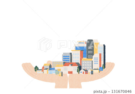 手の上に広がる街並み 水彩風 131670846