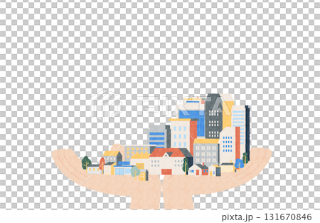 手の上に広がる街並み 水彩風 131670846