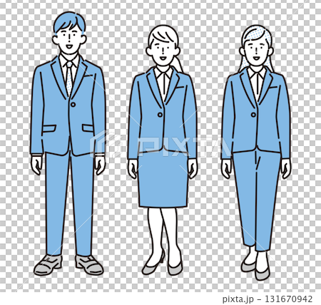 Simple illustration: Men and women standing in recruitment suits. Men and women standing in recruitment suits. 131670942