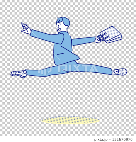 Simple illustration of a smiling man in a recruitment suit doing ballet jumps 131670970