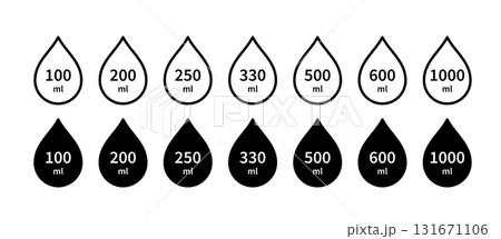 Water capacity icons set. Liquid volume symbol from 100 to 1000 liters. Water drop line icon. Fluid volume. ML sign. Scale for liquid or ingredient. Vector illustration isolated on white background Water capacity icons set. Liquid volume symbol from 100 to 1000 liters. Water drop line icon. Fluid volume. ML sign. Scale for liquid or ingredient. Vector illustration isolated on white background 131671106