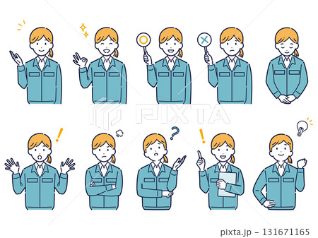 作業着を着た女性の表情セット 131671165