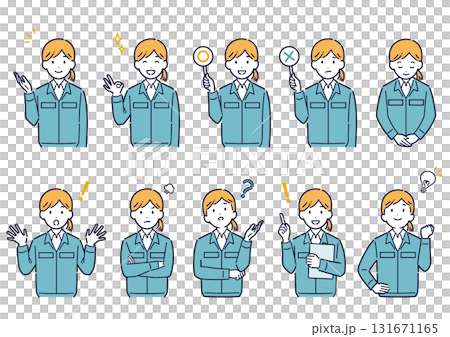 作業着を着た女性の表情セット 131671165