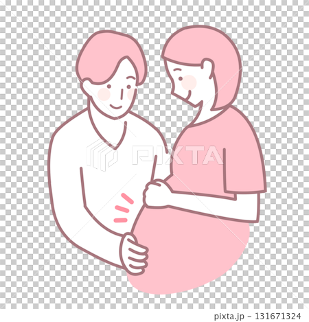 一對夫婦將手放在肚子上並感受胎動的插圖 131671324