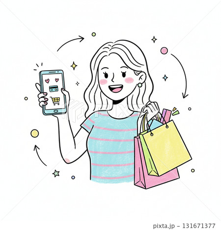 スマホでショッピングを楽しむ女性 広告用イラスト スマホでショッピングを楽しむ女性 広告用イラスト 131671377