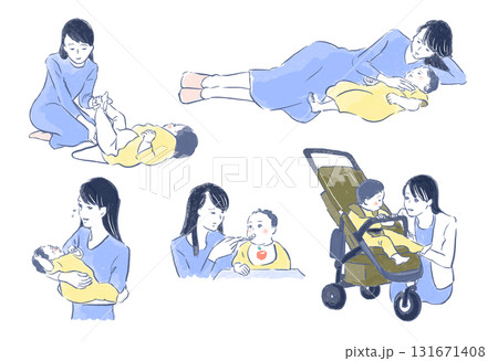 育児をする女性：添い寝・おむつ交換・あやす・離乳食 131671408