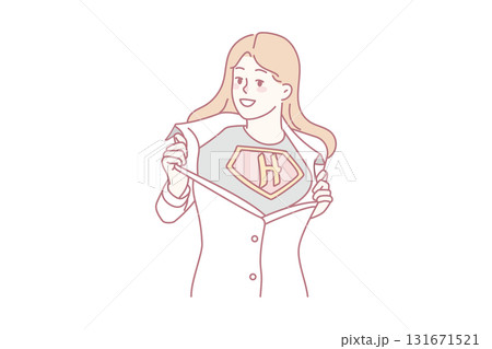 Woman rip shirt show superhero sign 131671521