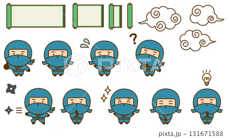 色々なポーズのかわいい忍者のキャラクターイラスト シンプルで親しみやすい和風のゆるキャラ 色々なポーズのかわいい忍者のキャラクターイラスト シンプルで親しみやすい和風のゆるキャラ 131671588