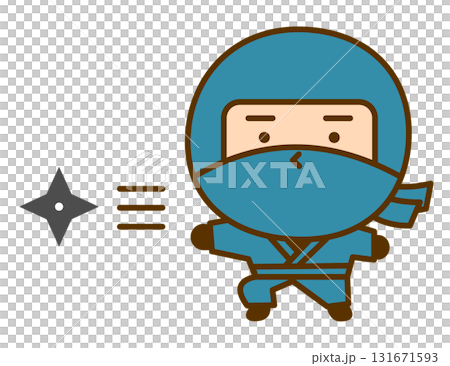 手裏剣を投げるかわいい忍者のキャラクターイラスト　シンプルで親しみやすい和風のゆるキャラ 131671593