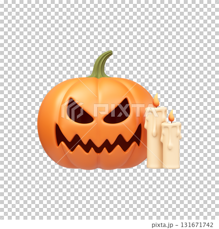 3D Halloween pumpkin with candles. Ideal for party invitations and holiday decorations. 131671742