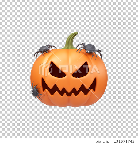 3D Halloween pumpkin with spiders. Perfect for a banner, poster, or greeting card. 3D Halloween pumpkin with spiders. Perfect for a banner, poster, or greeting card. 131671743