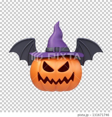 3D Halloween pumpkin with bat wings and hat. 131671746