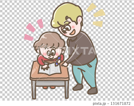 机で英語を勉強する子どもと先生のイラスト 131671872