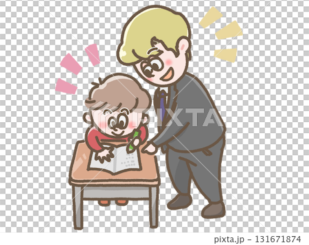 Illustration of a teacher and children studying English at a desk 131671874
