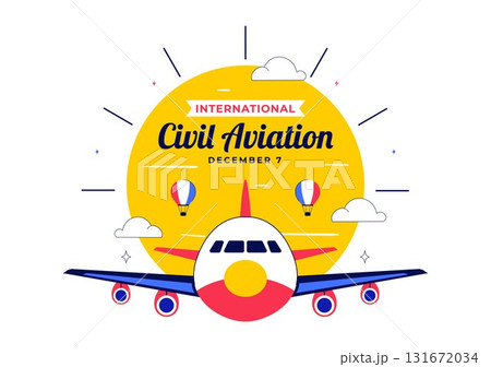 International Civil Aviation Day Illustration on December 7 Featuring an Airplane and Blue Sky View in Appreciation of Aviation in a Flat Background 131672034