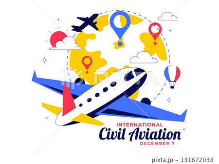 International Civil Aviation Day Illustration on December 7 Featuring an Airplane and Blue Sky View in Appreciation of Aviation in a Flat Background 131672038